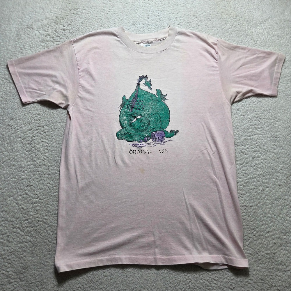 Vintage 90s Hanes T-Shirt Mens XL Pink Dragon Graphic Short Sleeve Single Stitch